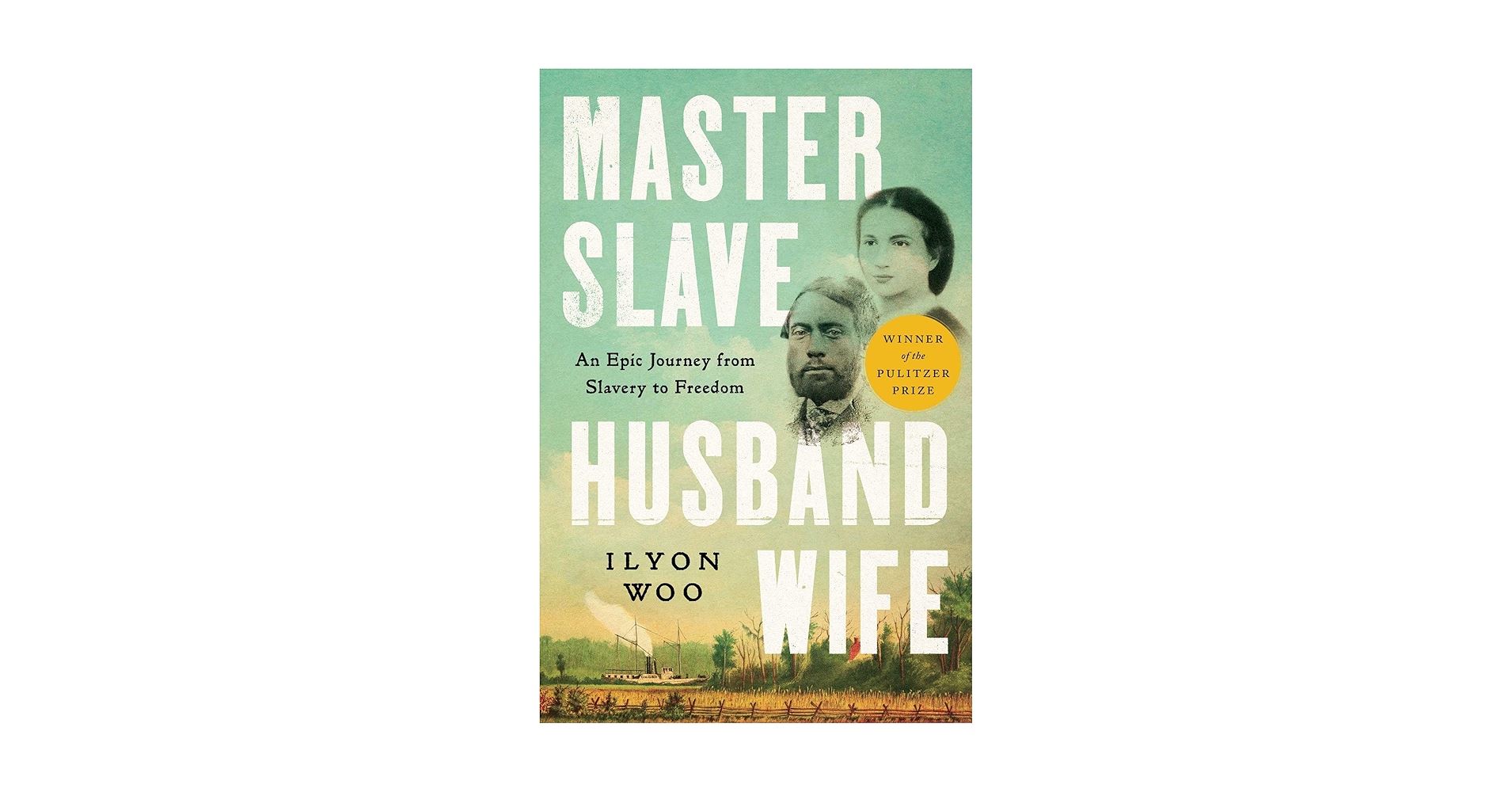Cover of Master Slave Husband Wife.  Busts of a man and woman. Background wheatfield + steamship    